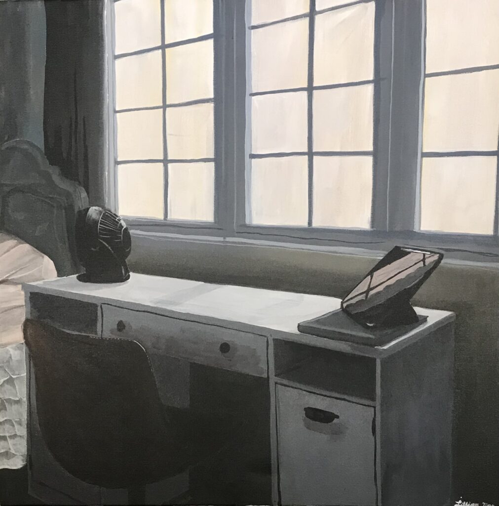 Moody acrylic painting of a desk.