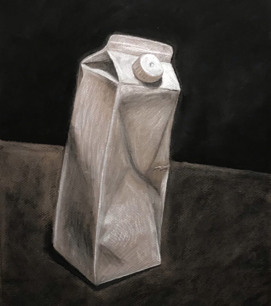 Charcoal drawing of a milk carton.