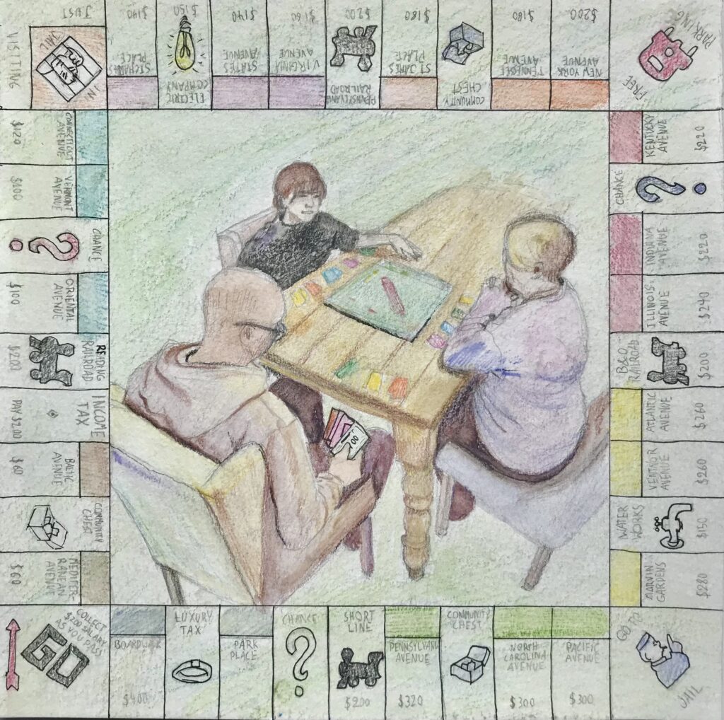 Pencil crayon drawing of a family playing a game on a Monopoly board.