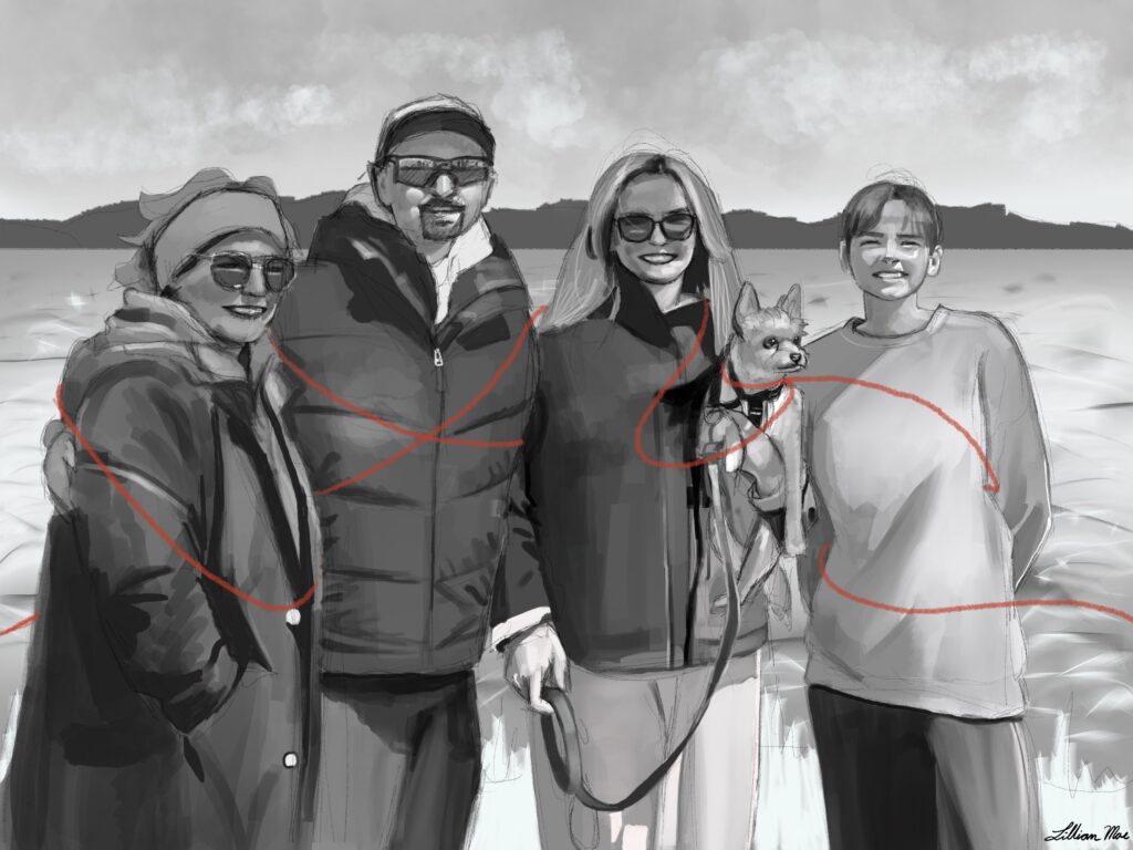 Digital painting of family in front of water.