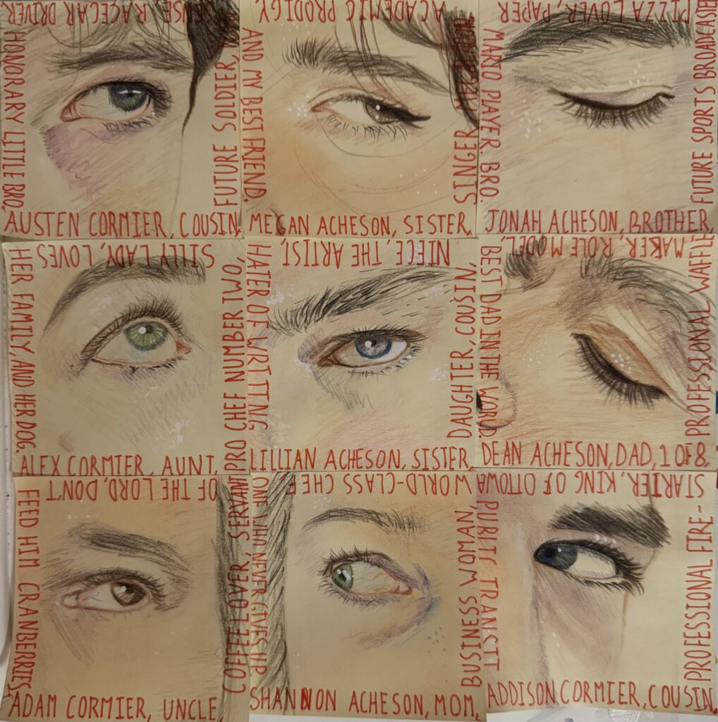 Eyes drawn on sticky notes with red writing.