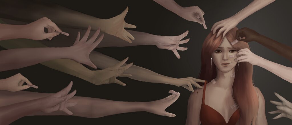Digital drawing of hands reaching out to place bandaids on a lady.