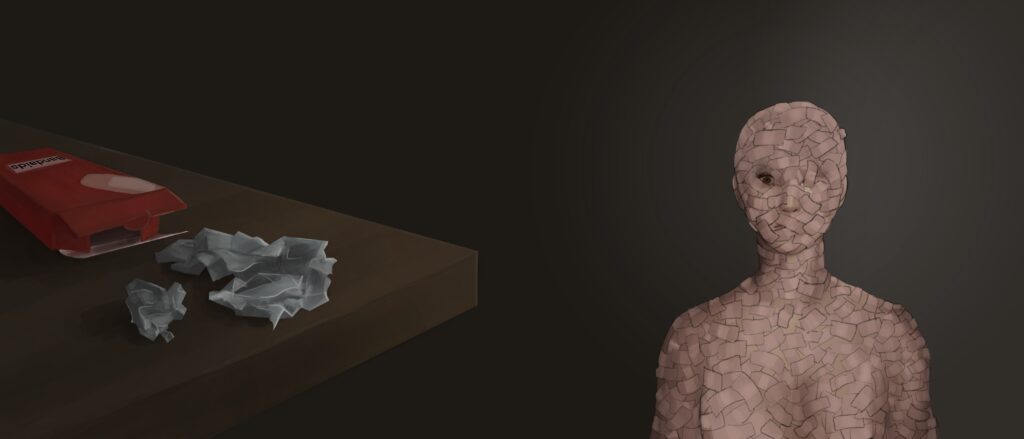 Digital drawing of a person covered in bandaids.