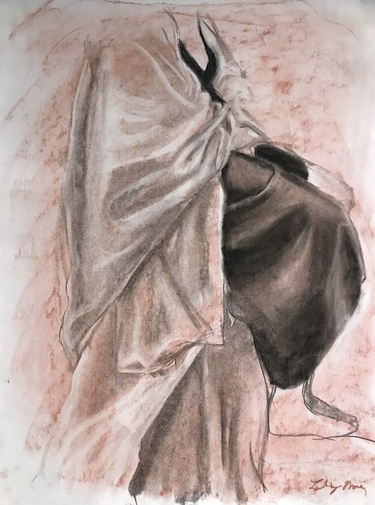 Pastel drawing of a lady draped in fabric.