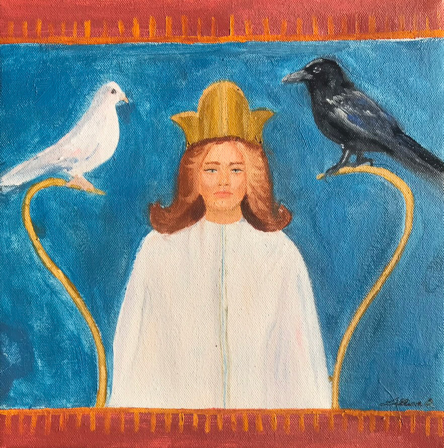 Oil painting of religious figure with two birds.
