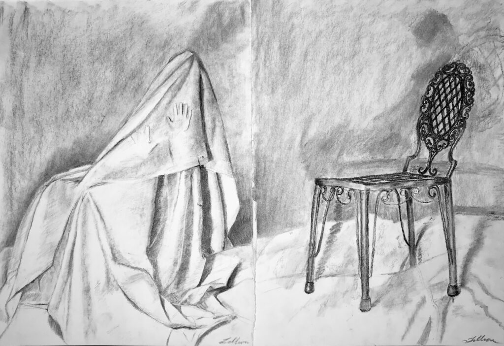 Charcoal drawing of two chairs.