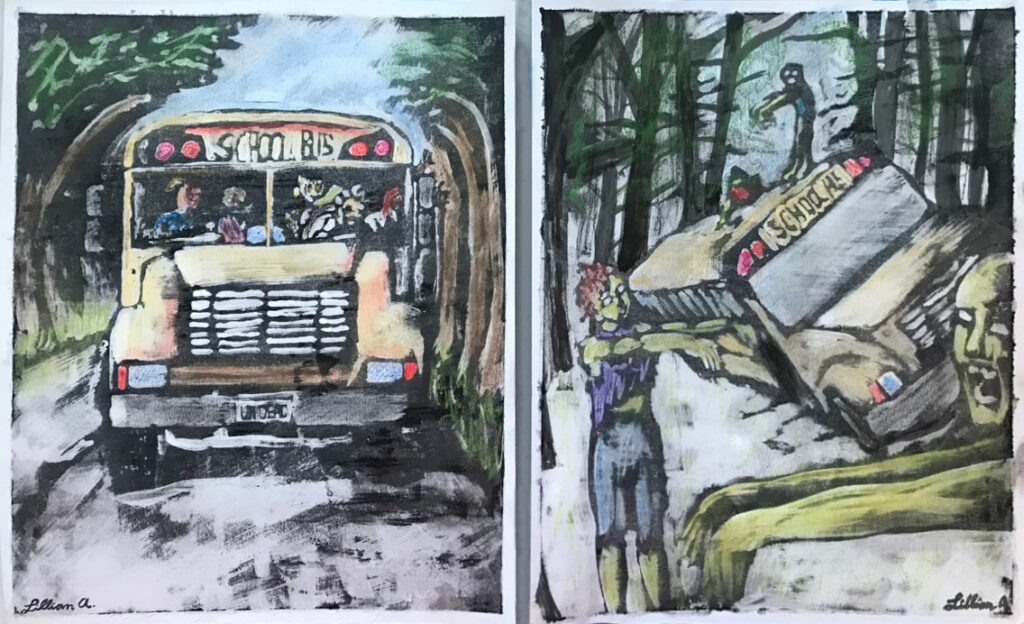 Gouache resist drawing of zombies on a school bus.