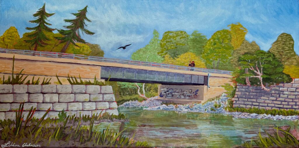 Oil painting by Lillian Acheson titled "Guide Me Over The Bridge."