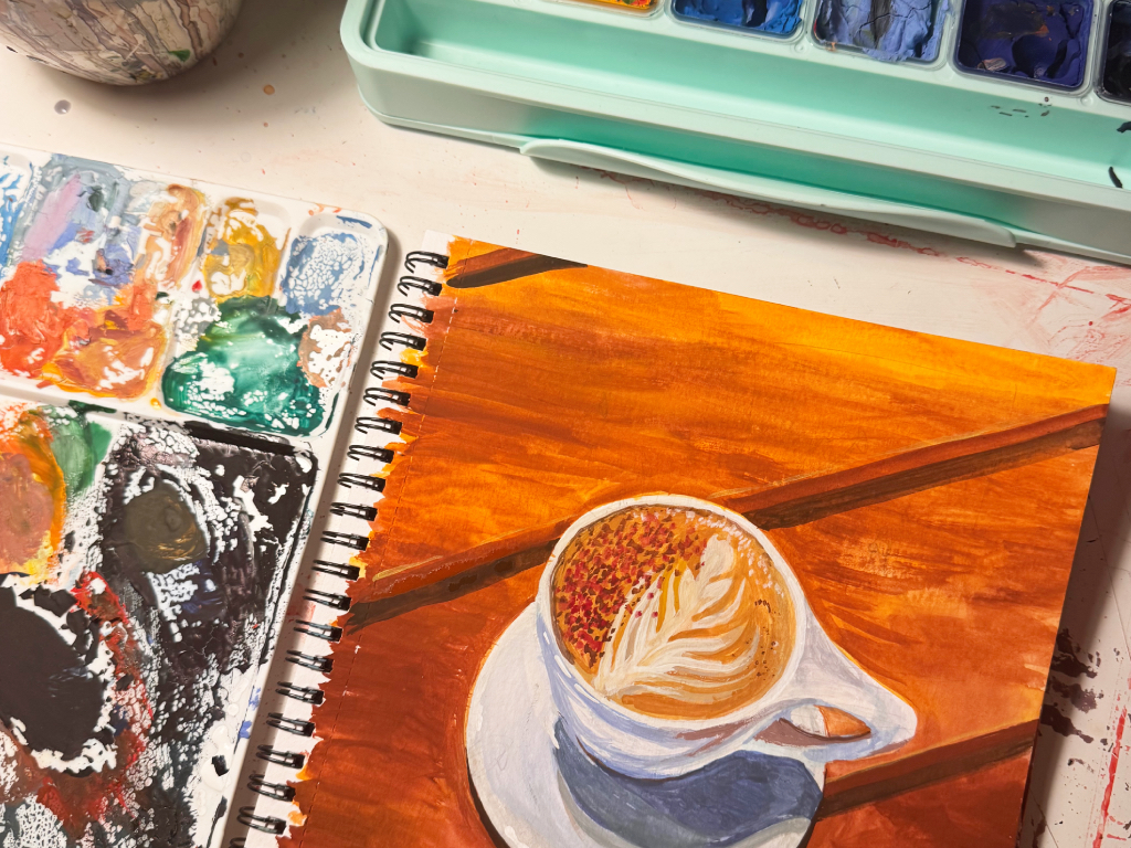 Gouache painting setup by artist Lillian Acheson.